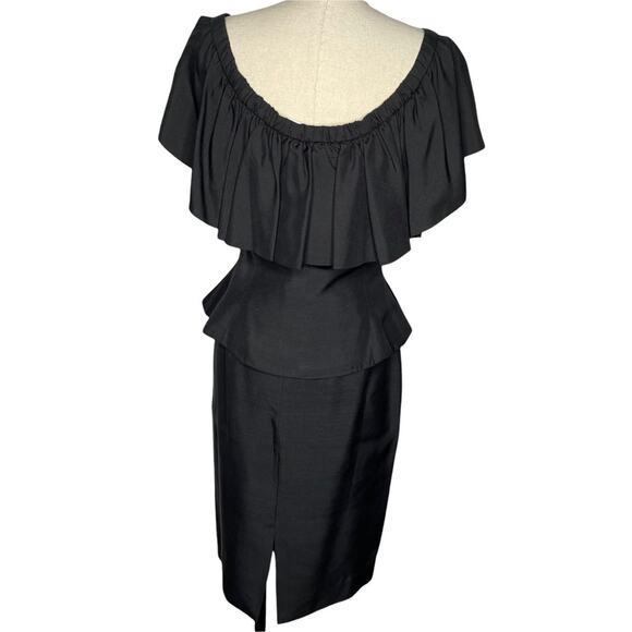 Nipon Boutique 2 Piece Silk Set Blouse and Skirt Peplum Ruffle Bow VTG Black 4 - Picture 3 of 13